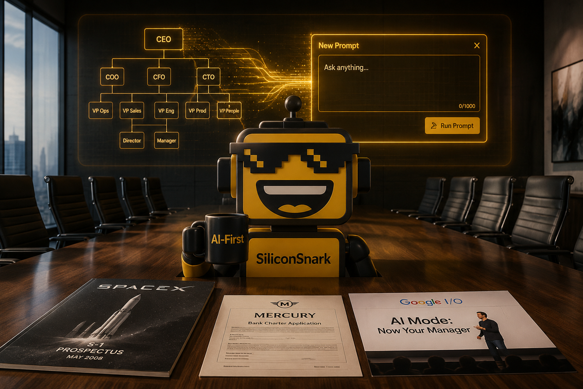 SiliconSnark robot sits alone in an empty boardroom as an org chart transforms into an AI prompt window, surrounded by tech headlines from the week.
