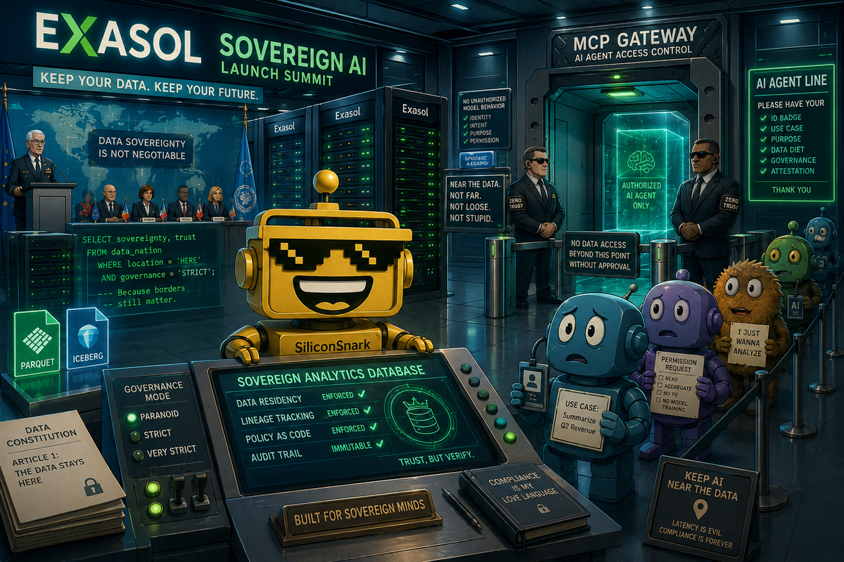 SiliconSnark robot inspects a sovereign AI database bunker while nervous AI agents wait at a gated MCP checkpoint.