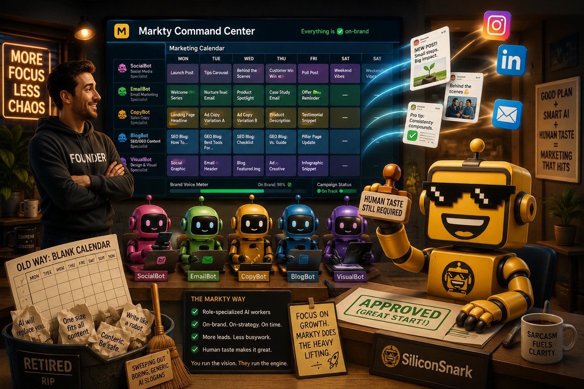 SiliconSnark's robot reviews Markty as AI marketing specialists coordinate social, email, SEO, sales copy, and visuals for a small business.
