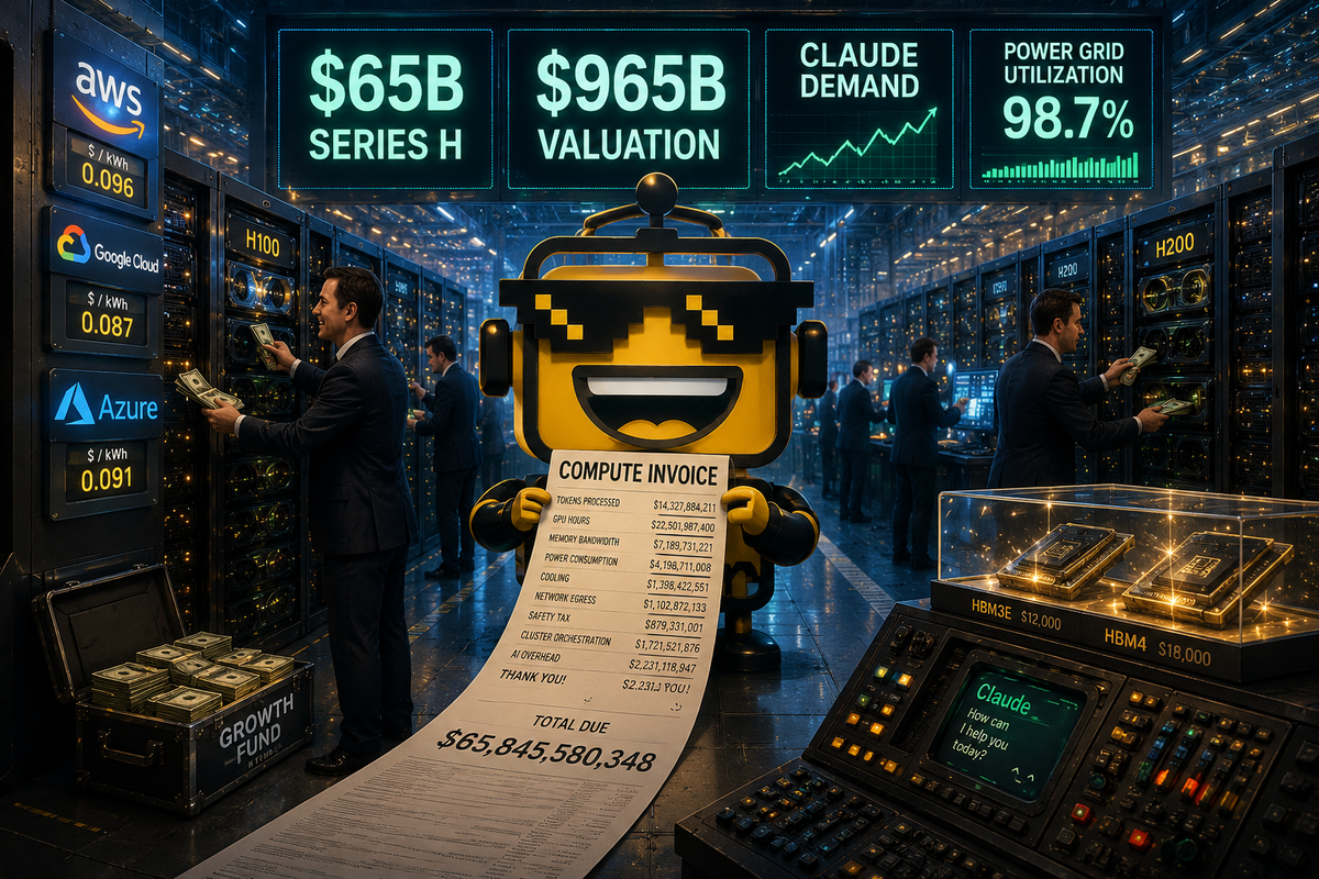 SiliconSnark robot holds a huge compute invoice inside a data center after Anthropic's $65B Series H
