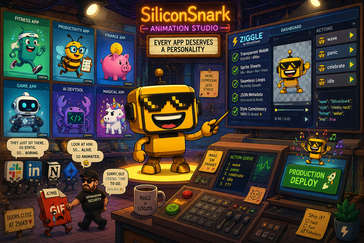 SiliconSnark's robot reviews Ziggle in a mascot animation studio full of AI-generated brand characters and dev-ready exports.
