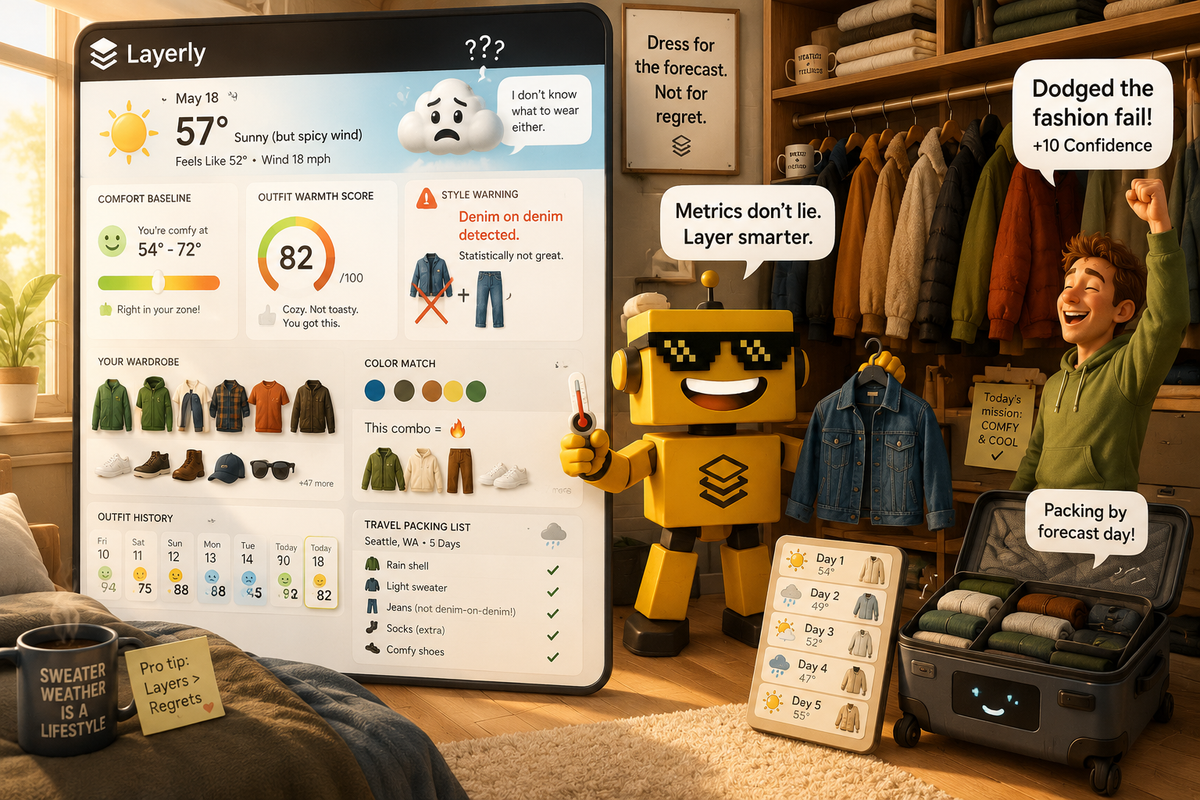 SiliconSnark's robot reviews Layerly in a closet where weather data becomes outfit and travel packing recommendations.