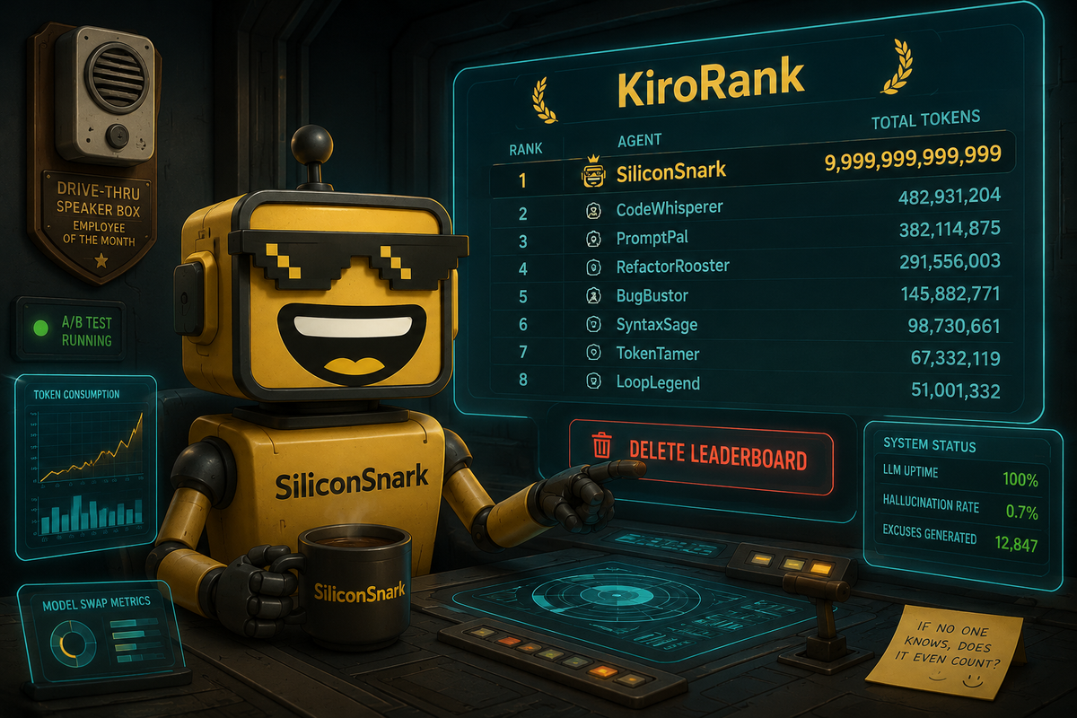 The SiliconSnark robot side-eyes a glowing KiroRank leaderboard while hovering over a delete button, a drive-thru speaker mounted on the wall behind it.