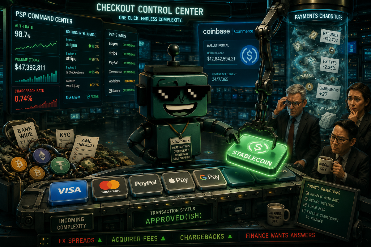SiliconSnark robot in a checkout control room as stablecoin payments become another merchant button.