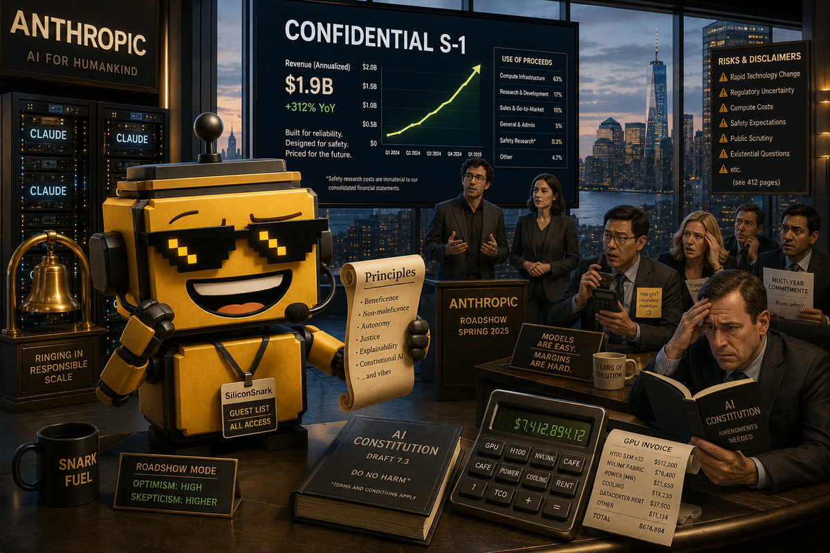SiliconSnark's robot watches Anthropic turn an AI safety pitch into a Wall Street IPO roadshow.