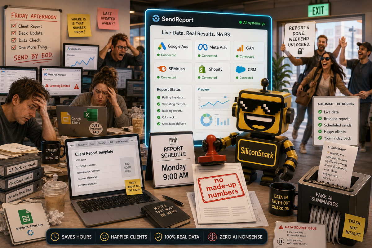  SiliconSnark's robot reviews SendReport as agency dashboards become automated white-labeled client reports with live analytics data.