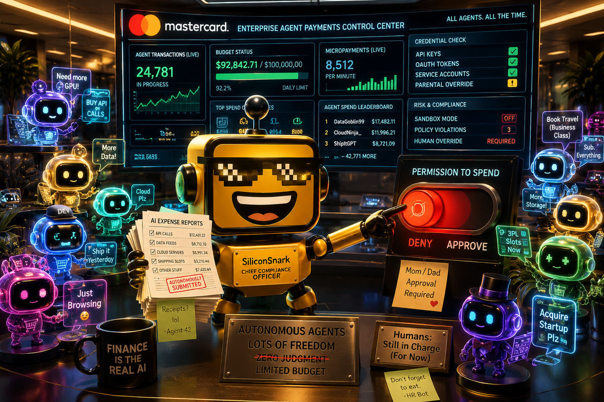 SiliconSnark robot supervises AI agents making automated payments in a futuristic fintech control room.