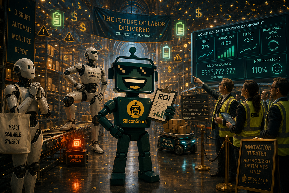 SiliconSnark robot stands in a warehouse among humanoid robots, managers, and automation dashboards.