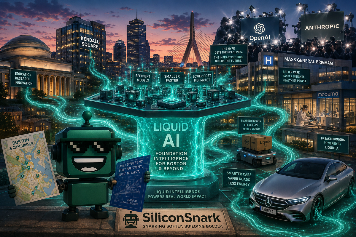Liquid AI forms a glowing foundation pillar connecting Boston's labs, robots, vehicles, hospitals, and skyline.