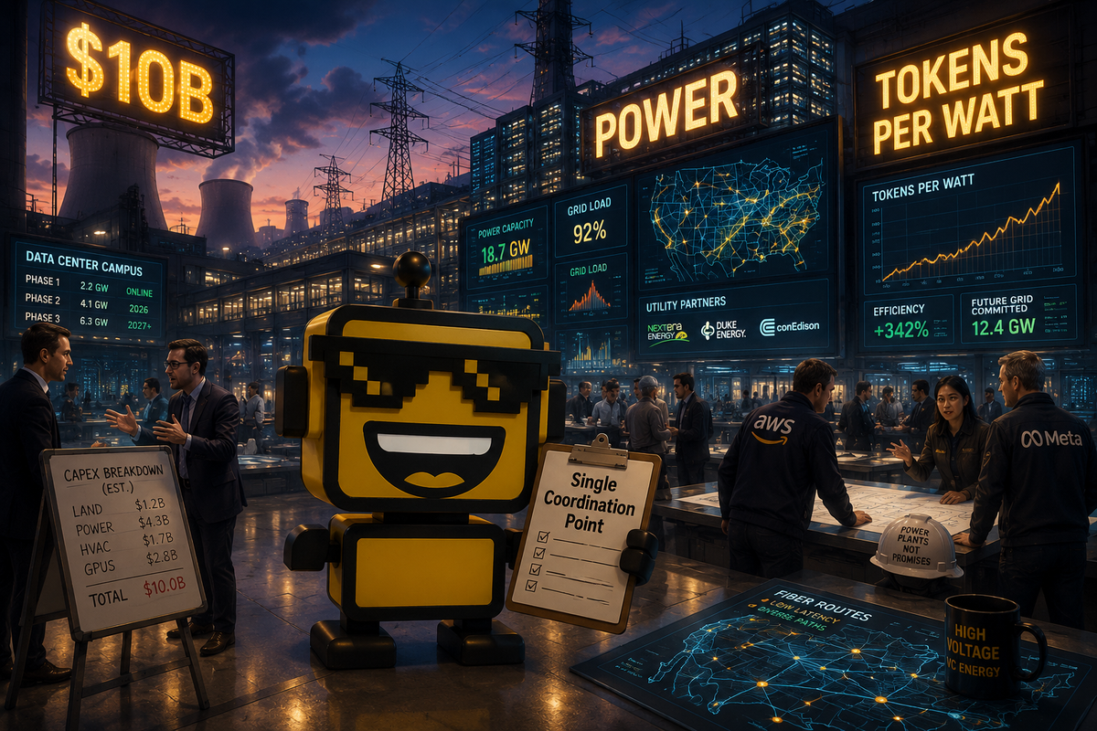 SiliconSnark’s robot stands inside a giant AI infrastructure control room surrounded by server halls, power gear, and financiers.