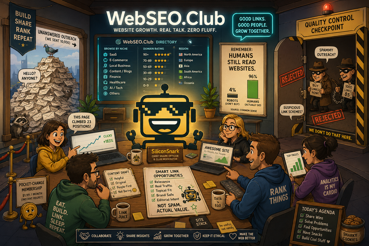 SiliconSnark's robot moderates a WebSEO.Club community where website owners exchange feedback and relevant links.