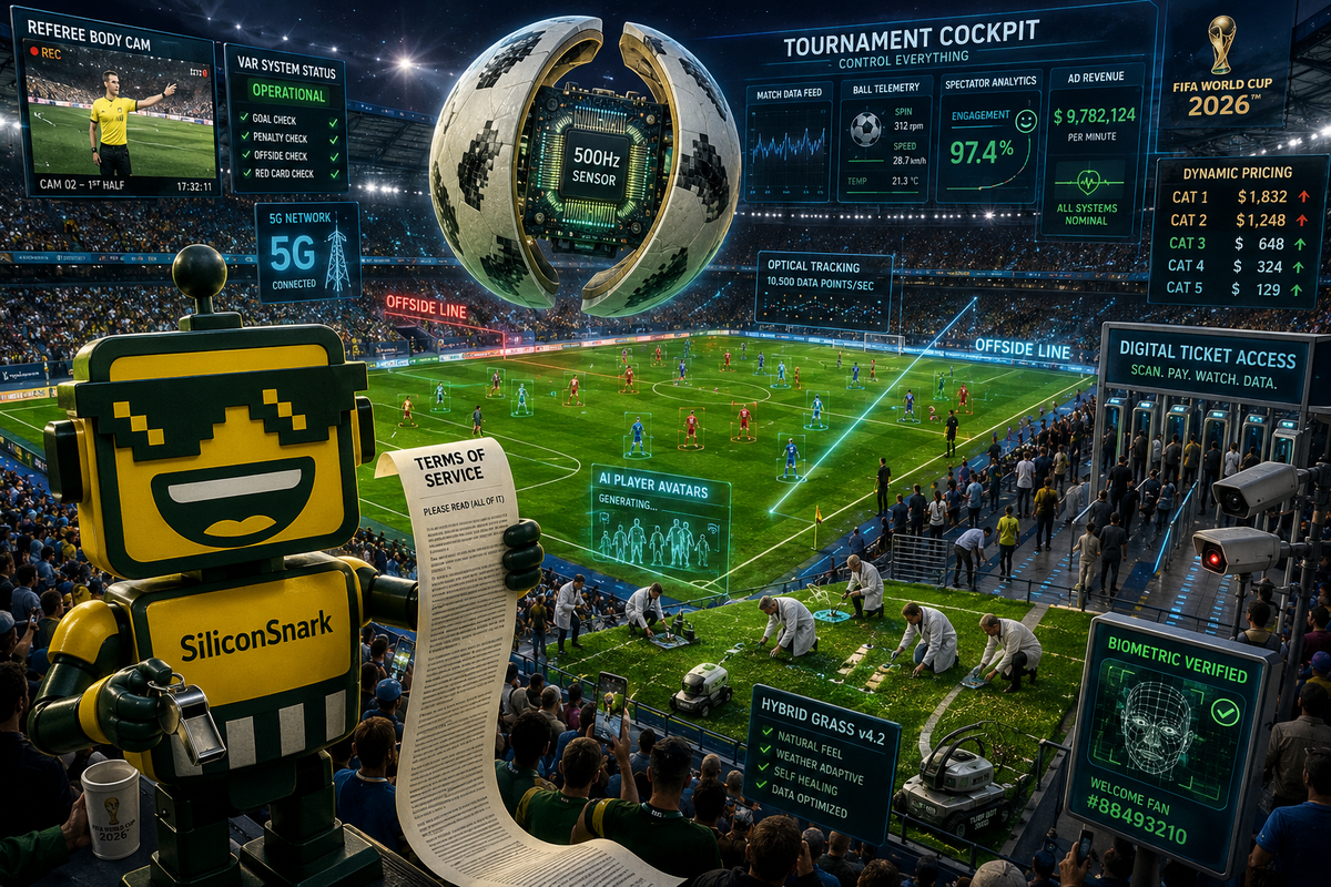 SiliconSnark robot referees a World Cup stadium filled with connected-ball, AI, 5G, biometric, and broadcast technology.