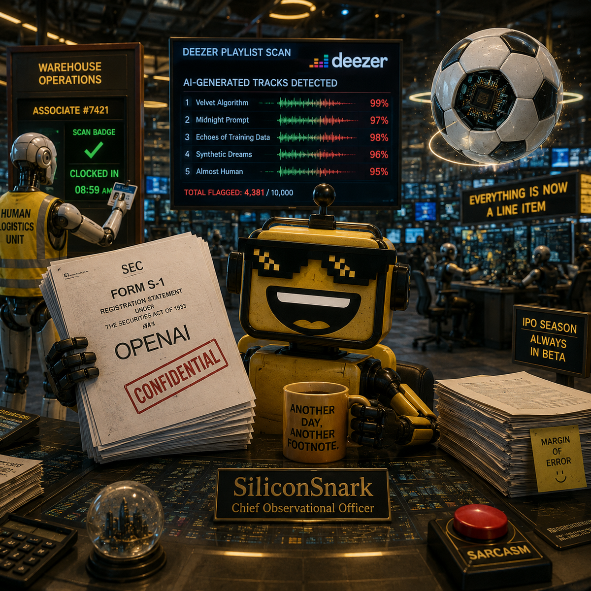 SiliconSnark robot holds an OpenAI S-1 filing at a trading desk while a warehouse robot clocks in, a Deezer AI scan runs in the background, and a chipped soccer ball hovers nearby.