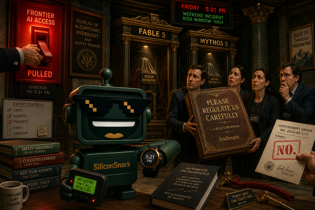 SiliconSnark robot watches a government official switch off Anthropic’s Fable 5 and Mythos 5 displays.