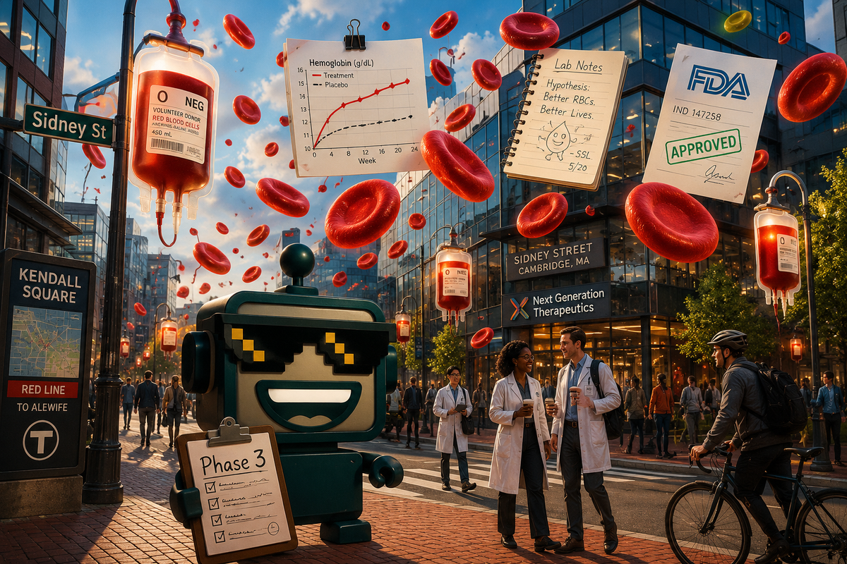 SiliconSnark robot outside a Cambridge biotech building with floating red blood cells and clinical charts.