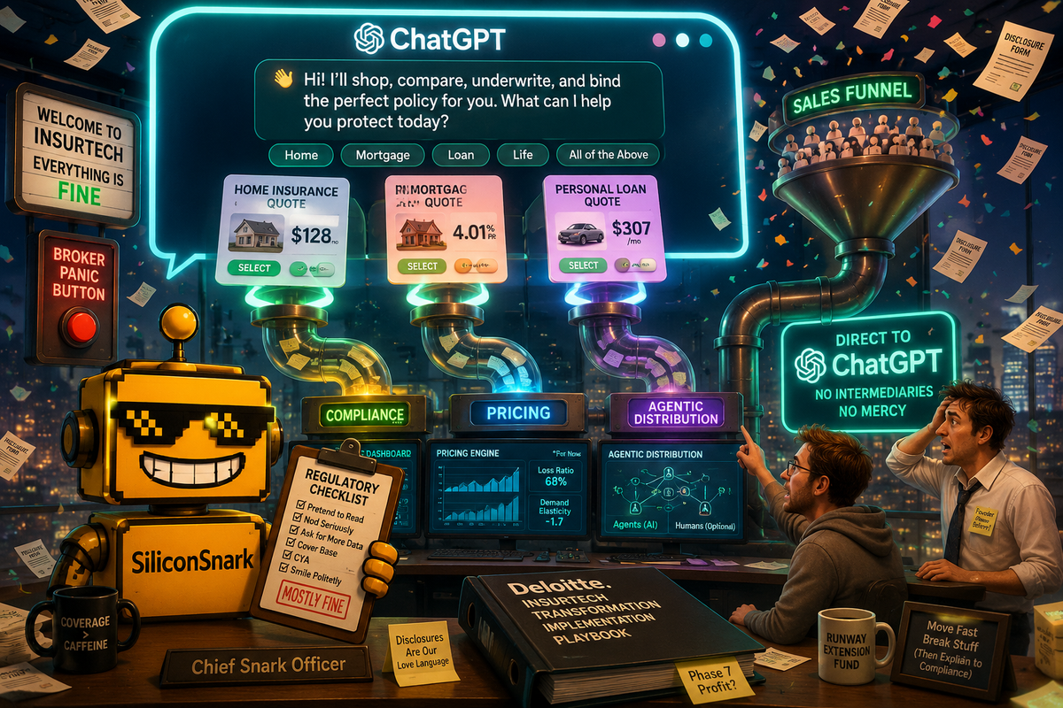SiliconSnark’s robot watches an AI insurance sales control room filled with quote cards, compliance dashboards, and chatbot chaos.