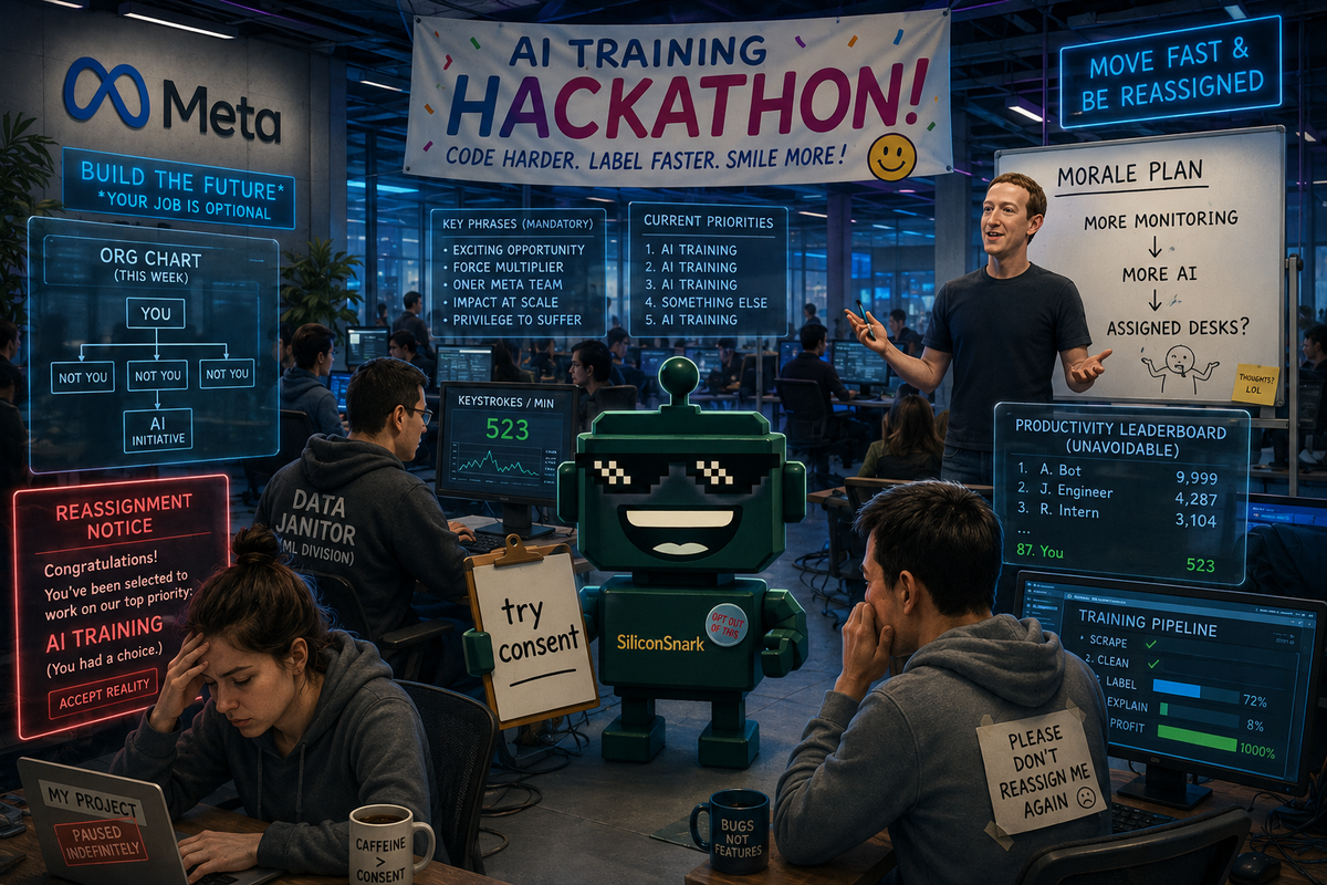SiliconSnark robot watches engineers surrounded by AI monitoring tools and chaotic Meta org charts.