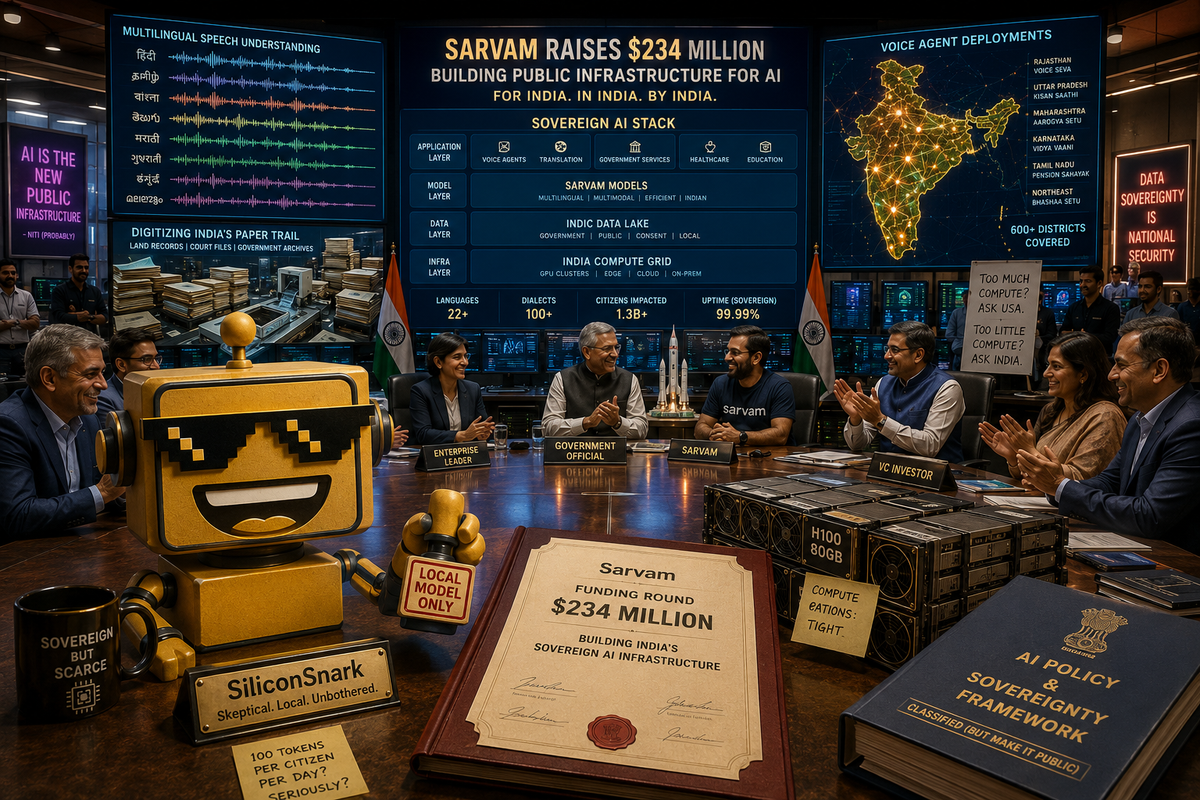 SiliconSnark robot watches Sarvam’s sovereign AI command center celebrate a giant funding round in Bengaluru.
