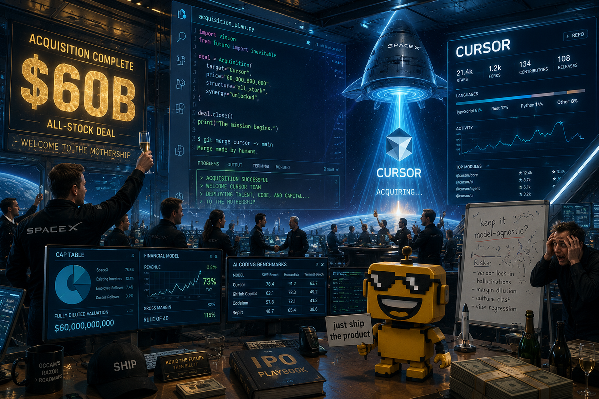 SiliconSnark's robot watches SpaceX absorb Cursor in a giant, theatrical AI coding deal.