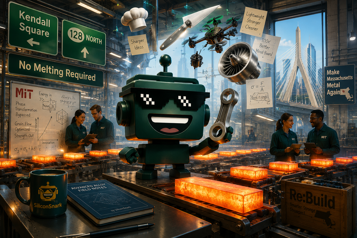 SiliconSnark robot inspects futuristic alloy parts in a bright Massachusetts metals factory with Boston details.