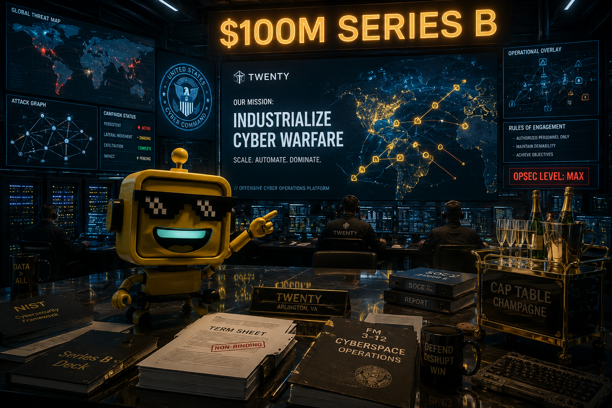 SiliconSnark's robot reacts inside a cyberwar command center where Twenty's $100 million funding round meets startup theater and military software.