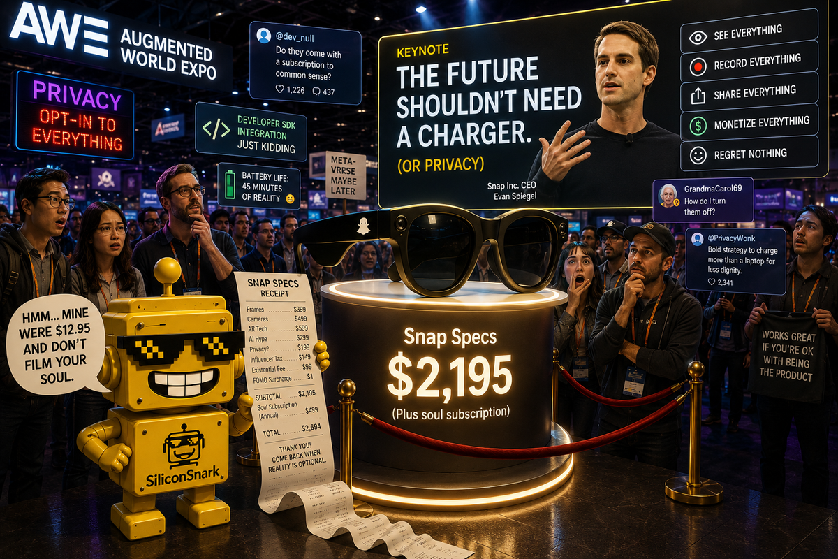 SiliconSnark robot compares its pixel sunglasses to Snap's new AR Specs at a glossy tech launch.