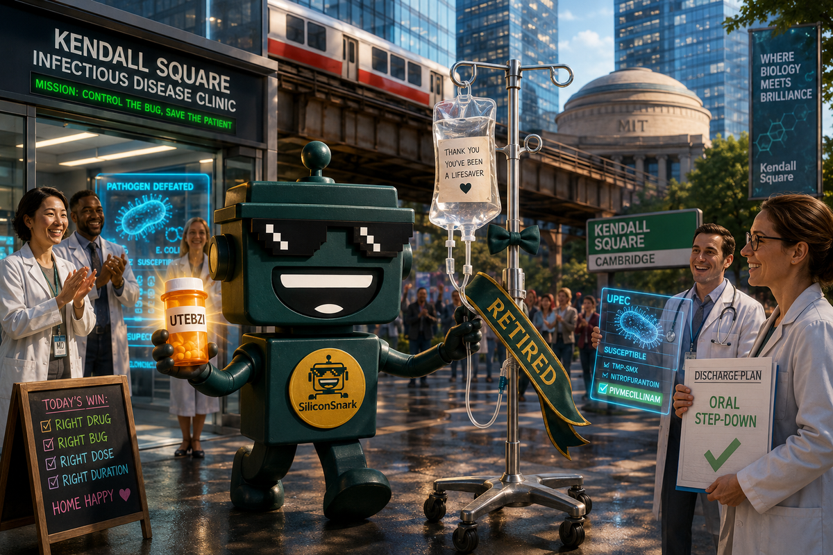 SiliconSnark robot escorts an IV pole out of a futuristic Kendall Square clinic after Spero's oral antibiotic approval.