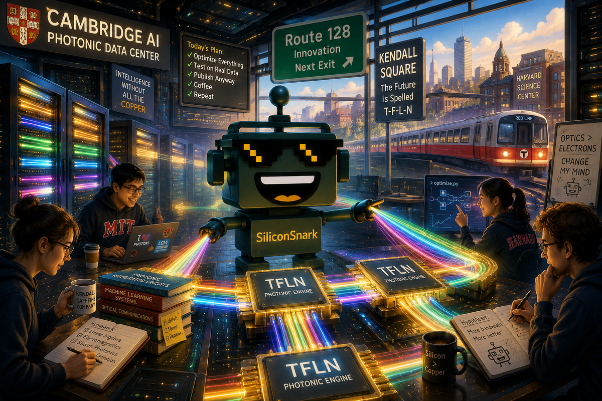 SiliconSnark robot routes beams of light through futuristic photonic chips in a Cambridge AI data center.