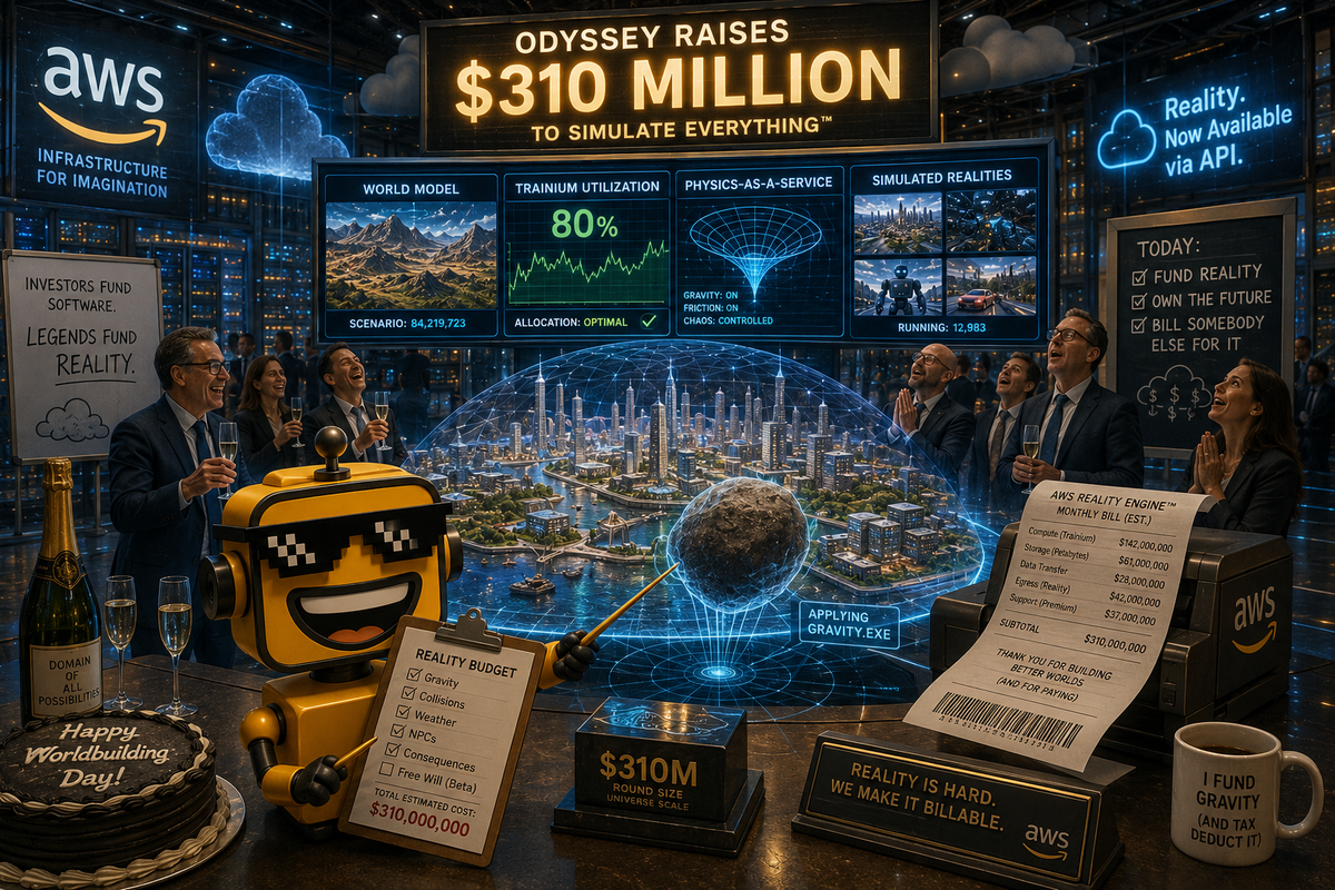 SiliconSnark robot inspects Odyssey’s giant world-simulation lab as investors fund AI to model reality.