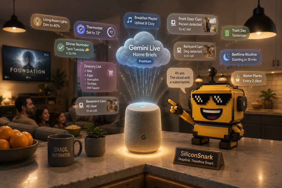SiliconSnark's robot talks to Google's new Home Speaker in a tidy living room while smart-home commands and premium AI features float overhead.