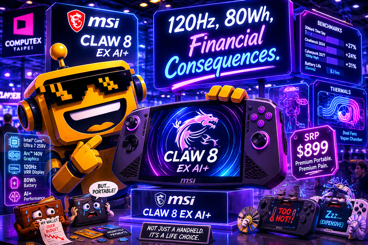 SiliconSnark robot examines MSI's purple Claw 8 EX AI+ handheld at a flashy tech-show booth while giant specs and price warnings hover around it.