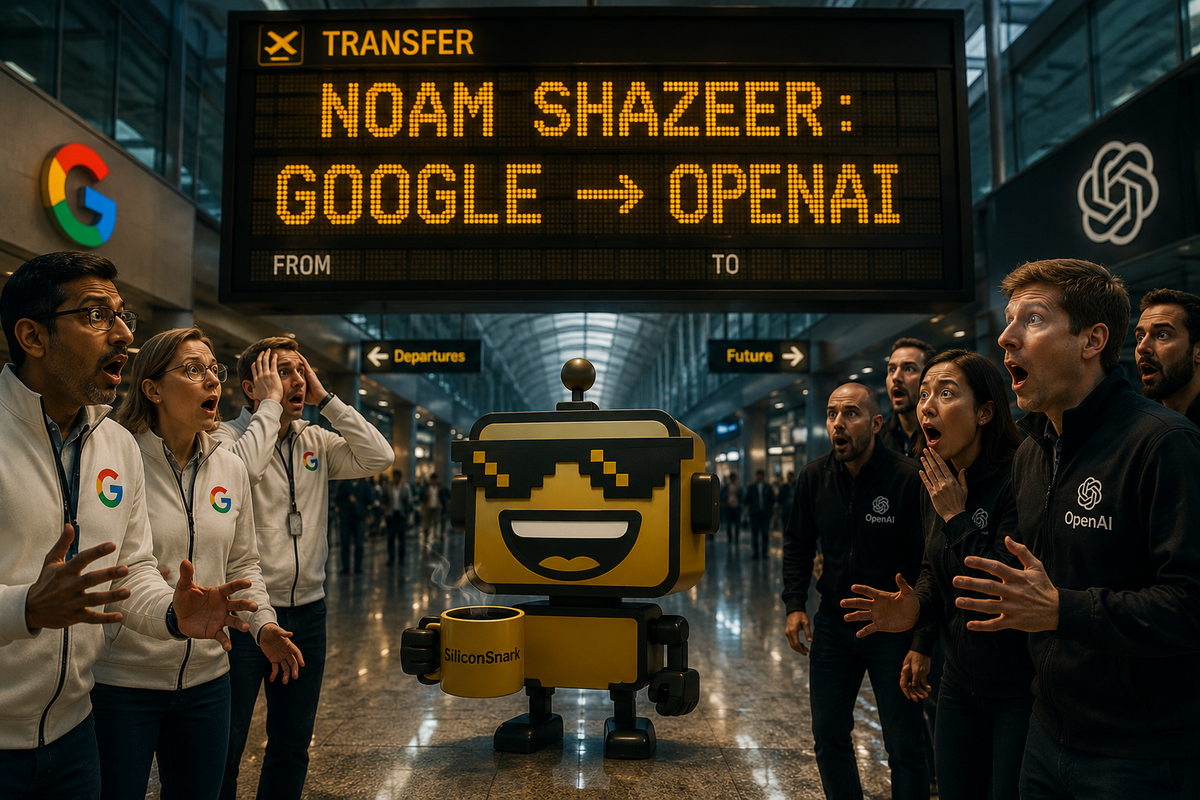 The SiliconSnark robot watches an arrivals board announce Noam Shazeer's transfer from Google to OpenAI while executives on both sides react with shock.