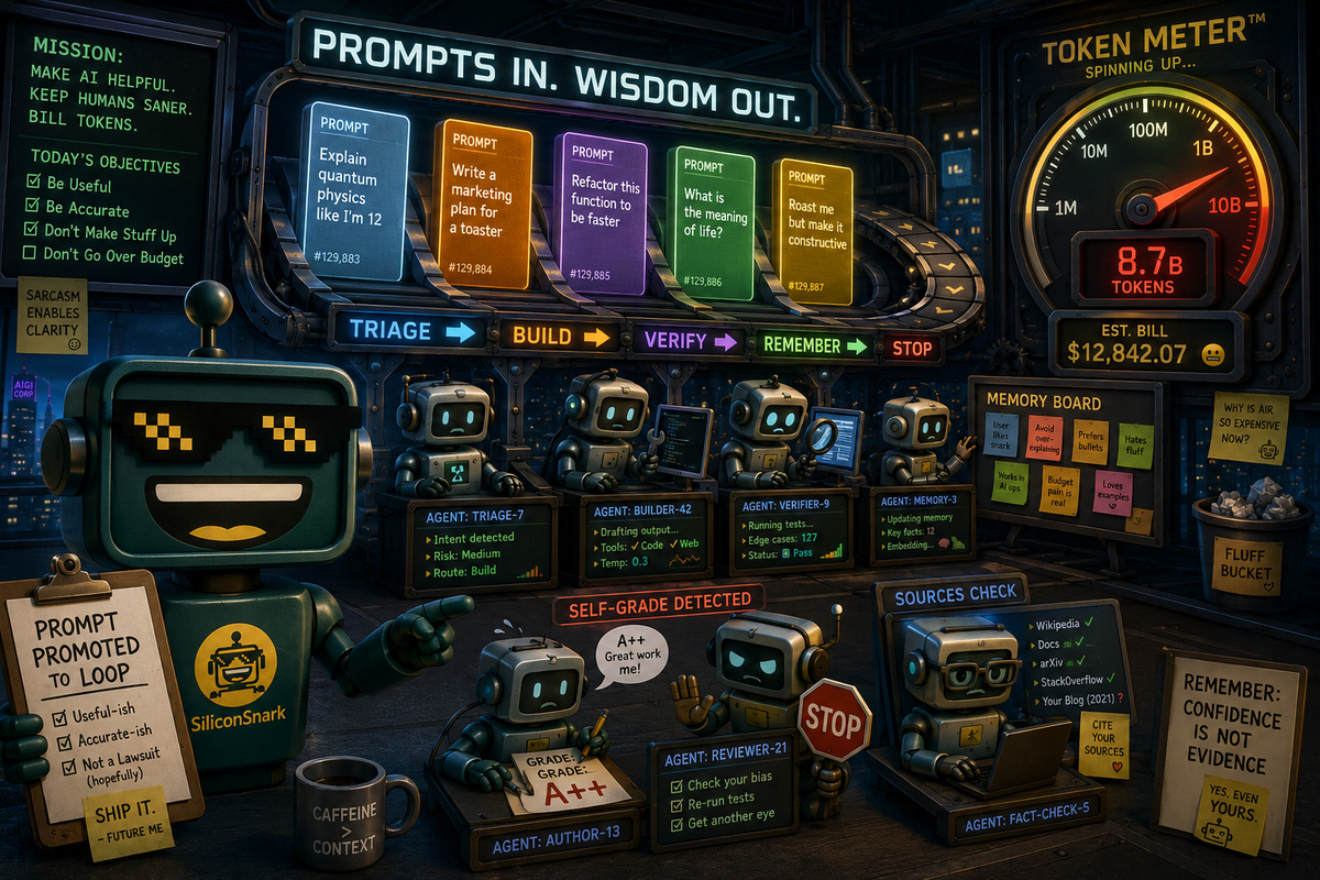SiliconSnark robot manages AI agents running a loop of prompts, tests, reviews, memory, and token costs.