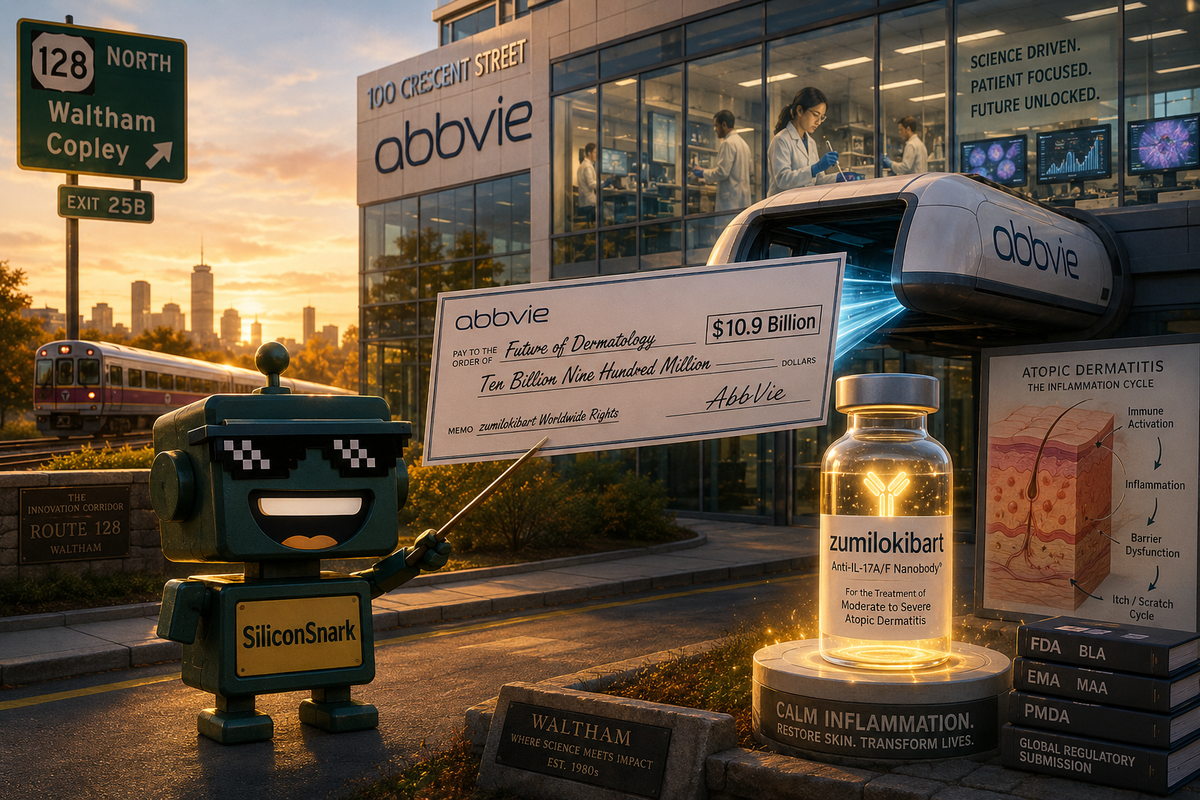 SiliconSnark robot welcomes a giant AbbVie check outside a Waltham biotech building after the Apogee deal.