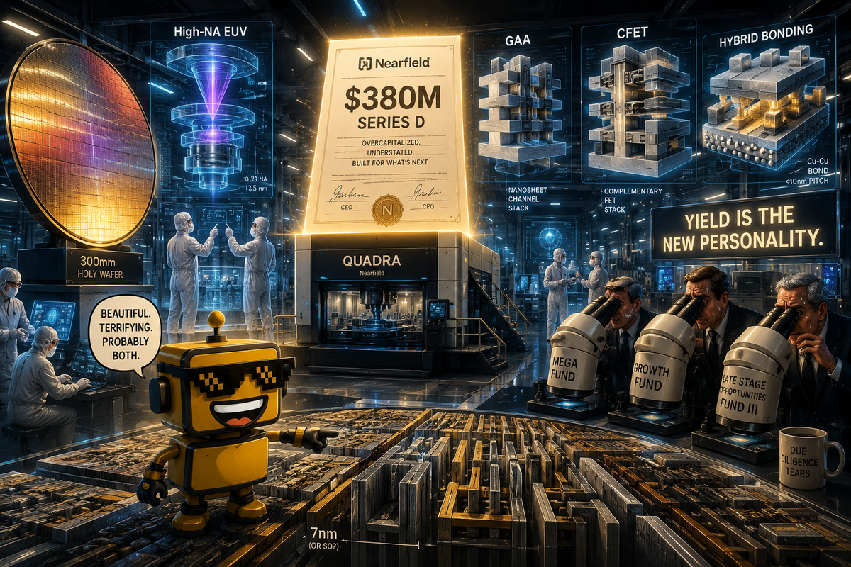 SiliconSnark robot stands in a futuristic chip fab as Nearfield celebrates a $380 million funding round for semiconductor inspection tools.