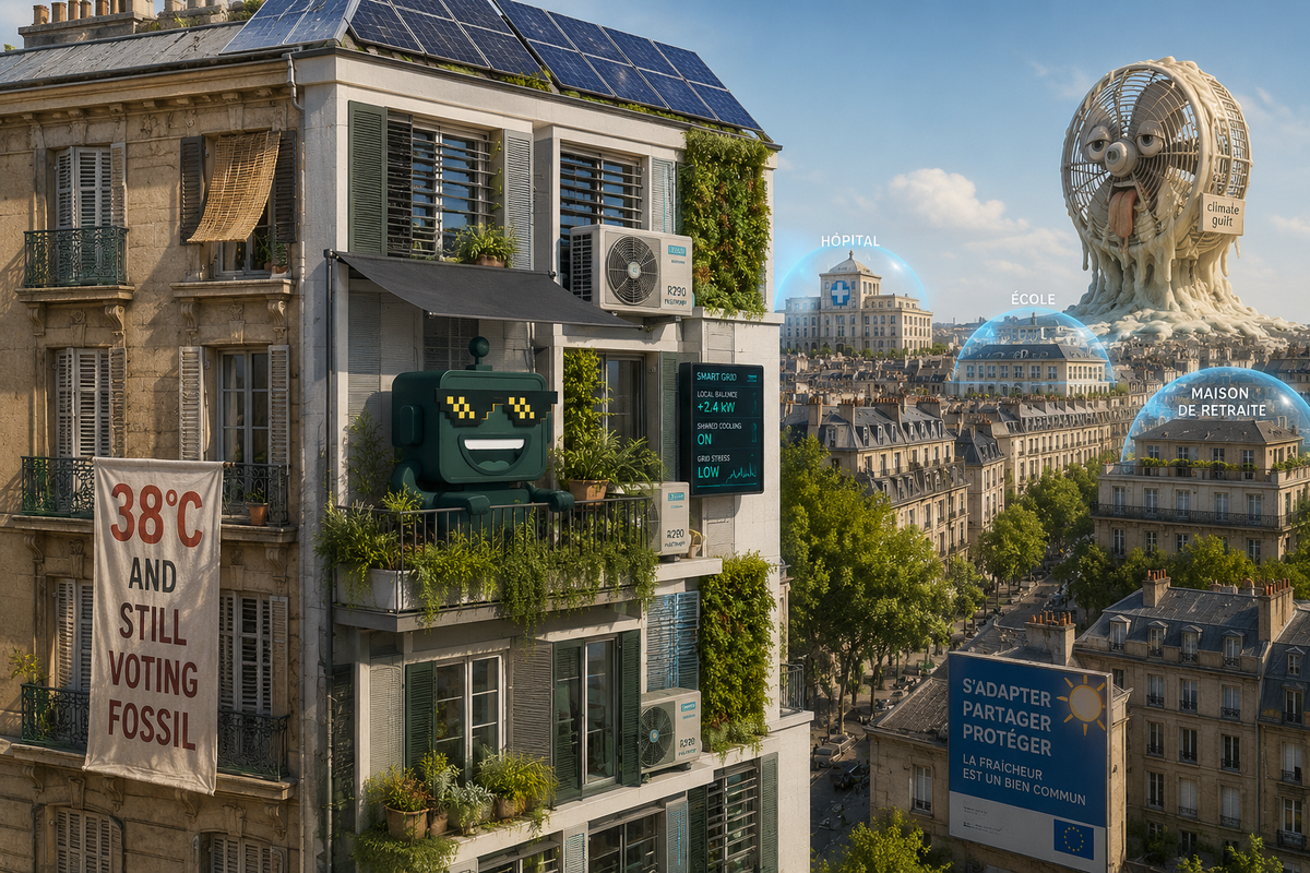 SiliconSnark robot stands by efficient AC units on a retrofitted European apartment block during a heatwave.