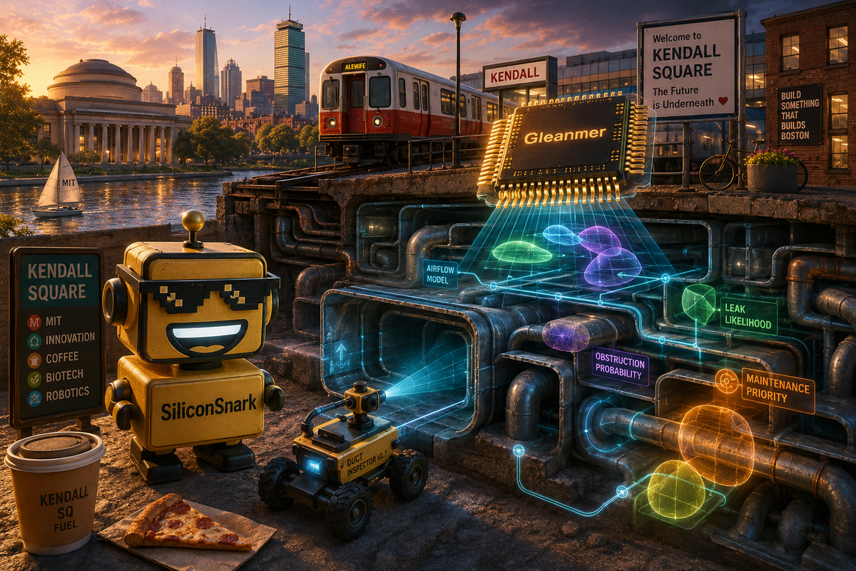 SiliconSnark robot watches a tiny MIT robot navigate a glowing HVAC maze under Cambridge using the Gleanmer chip.