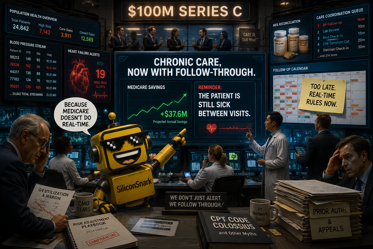 SiliconSnark's robot stands in a futuristic chronic-care command center where Cadence's $100 million round meets Medicare, sensors, and hospital logistics.