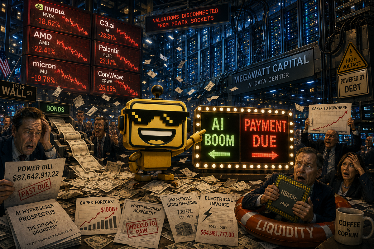 SiliconSnark's robot stands on a chaotic trading floor turned AI data center as stock tickers fall and GPU invoices pile up.