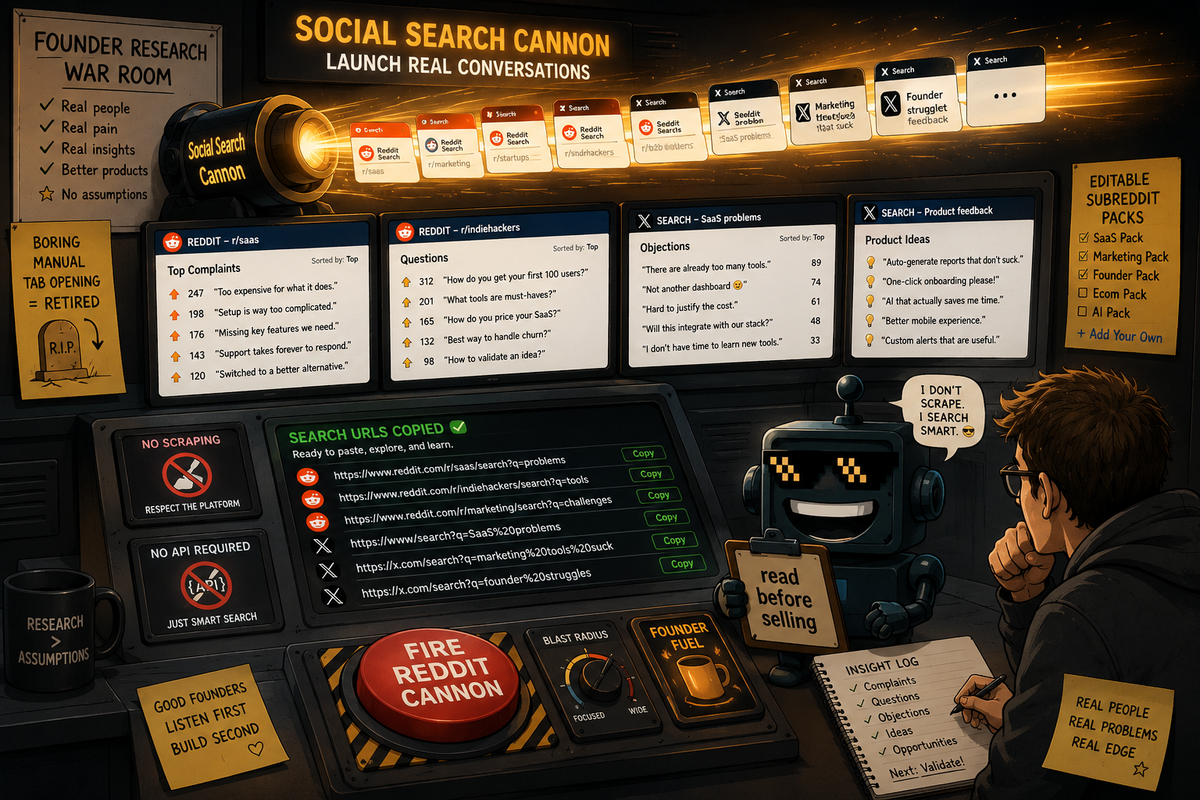 SiliconSnark's robot reviews Social Search Cannon as Reddit and X research tabs launch from one query.