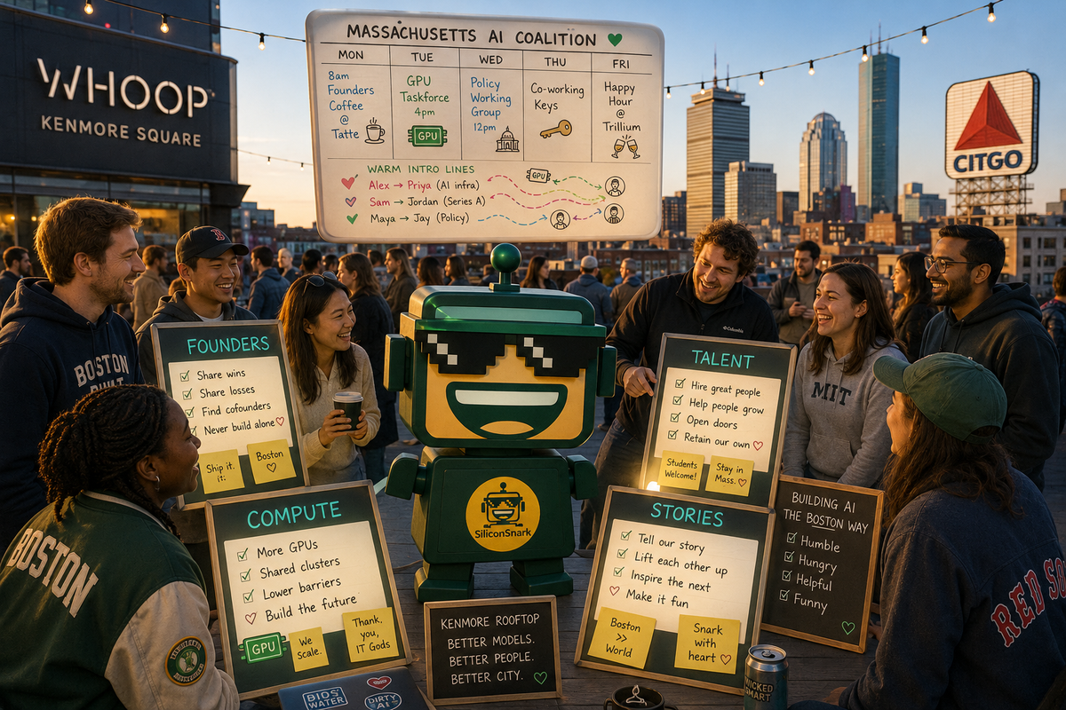 SiliconSnark robot hosts a Mass AI Coalition rooftop gathering at WHOOP in Boston.