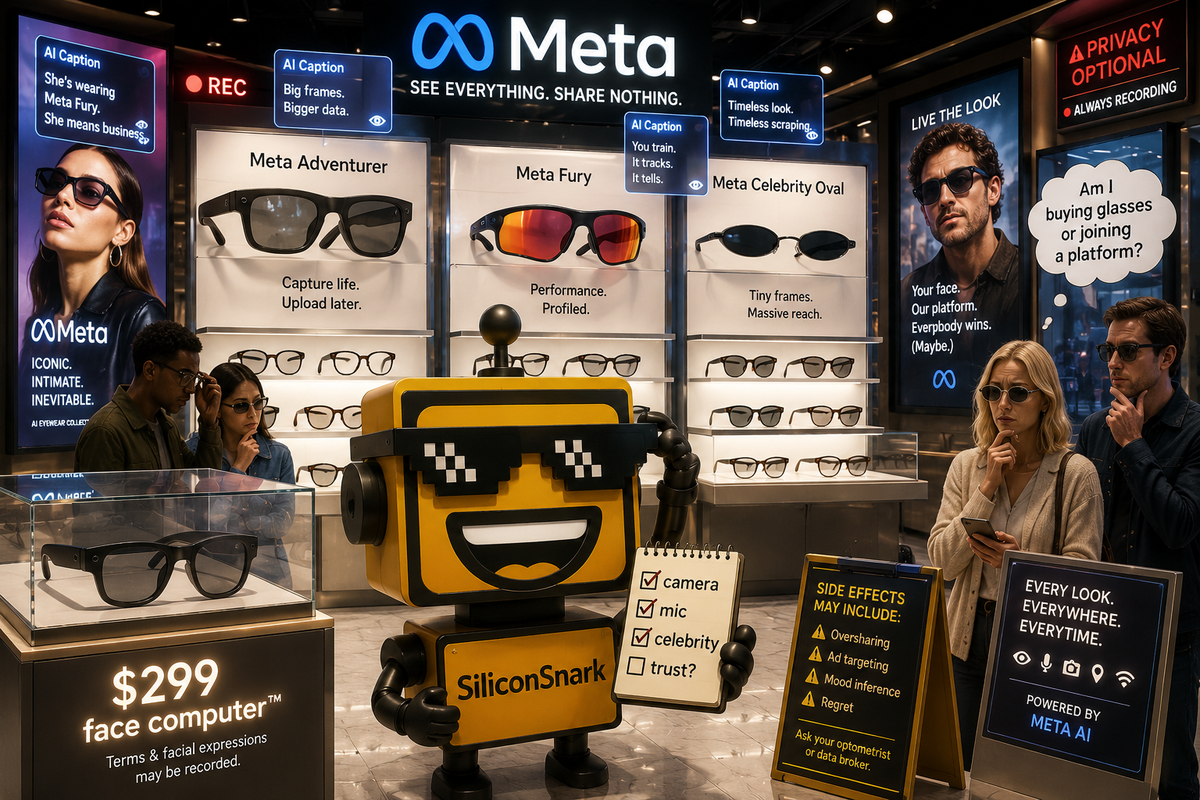 SiliconSnark robot tries on Meta smart glasses in a boutique filled with AI captions and privacy warning labels.