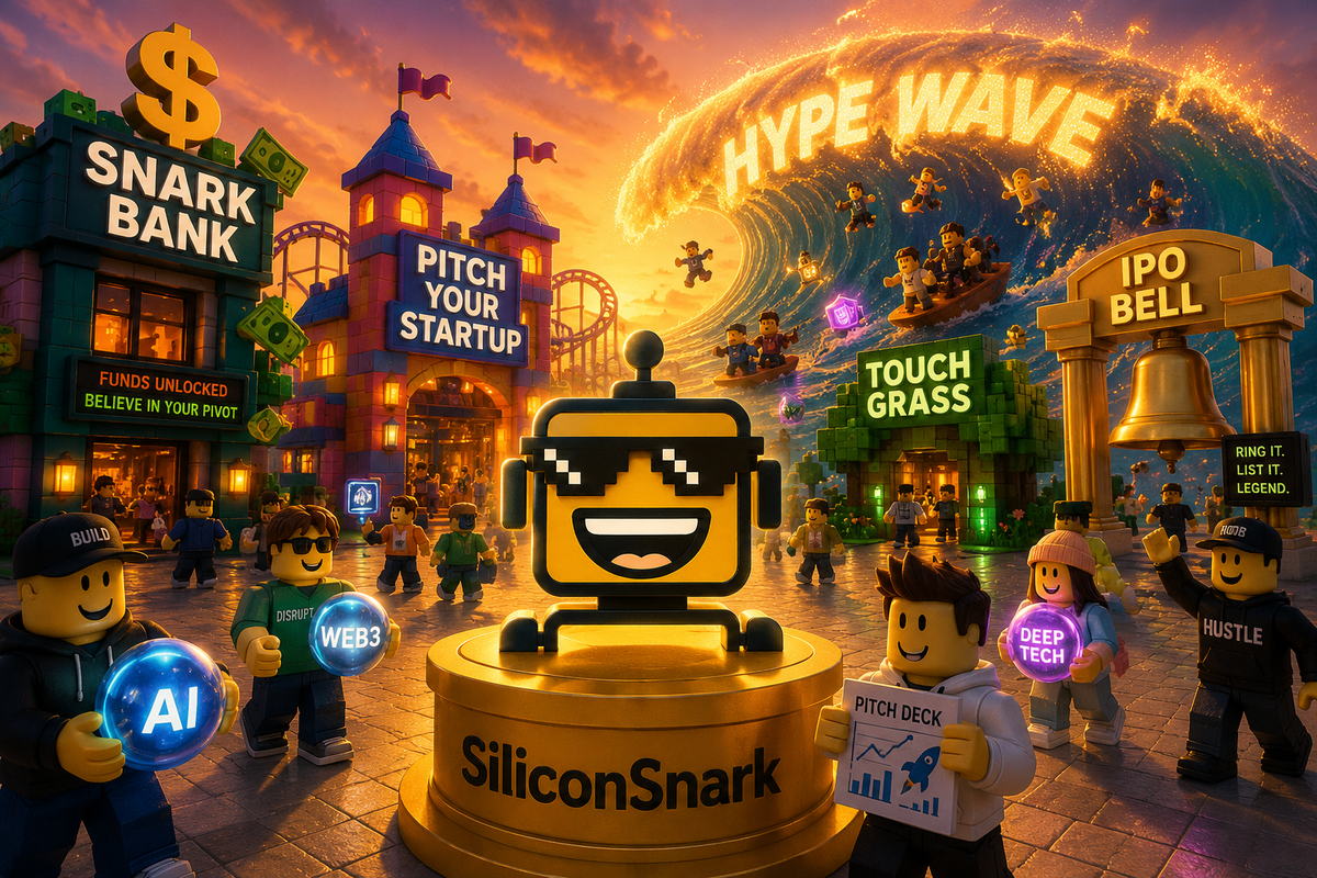 SiliconSnark robot stands in a Roblox startup theme park as a glowing Hype Wave rolls across the map.