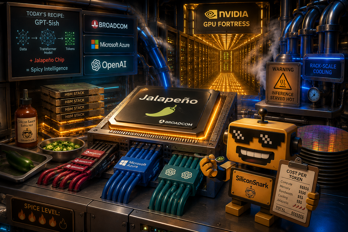 SiliconSnark robot inspects a Jalapeño inference chip inside a large AI data center.