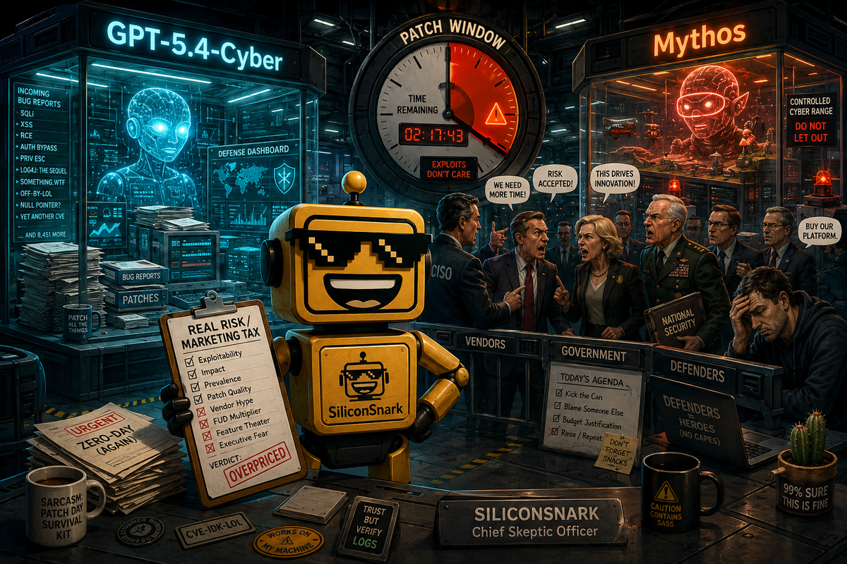 SiliconSnark robot inspects GPT-5.4-Cyber and Mythos inside a cybersecurity lab with a shrinking patch window.