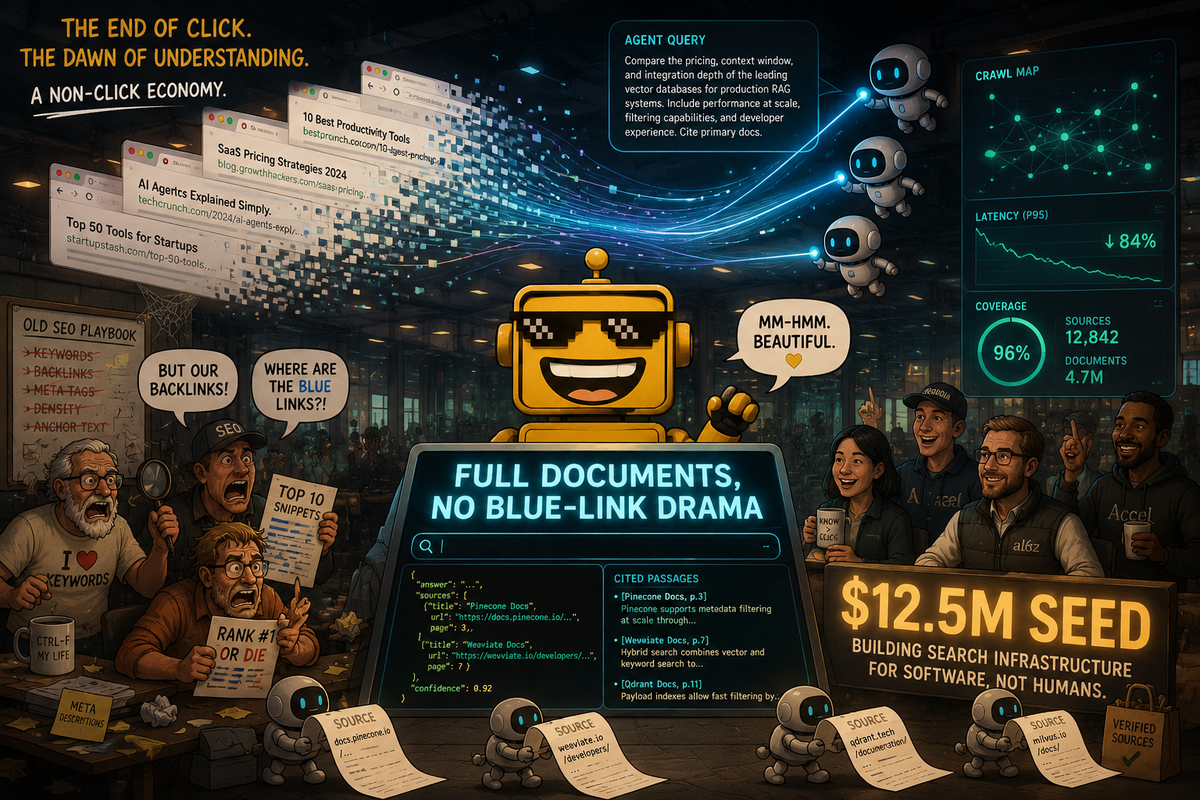 SiliconSnark's robot stands in a futuristic search lab as AI agents replace blue links with structured web data.