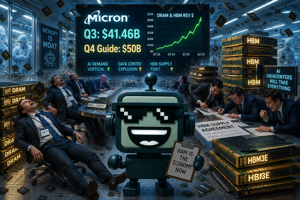 SiliconSnark robot stands in a chip clean room as Micron earnings numbers glow over piles of memory chips.