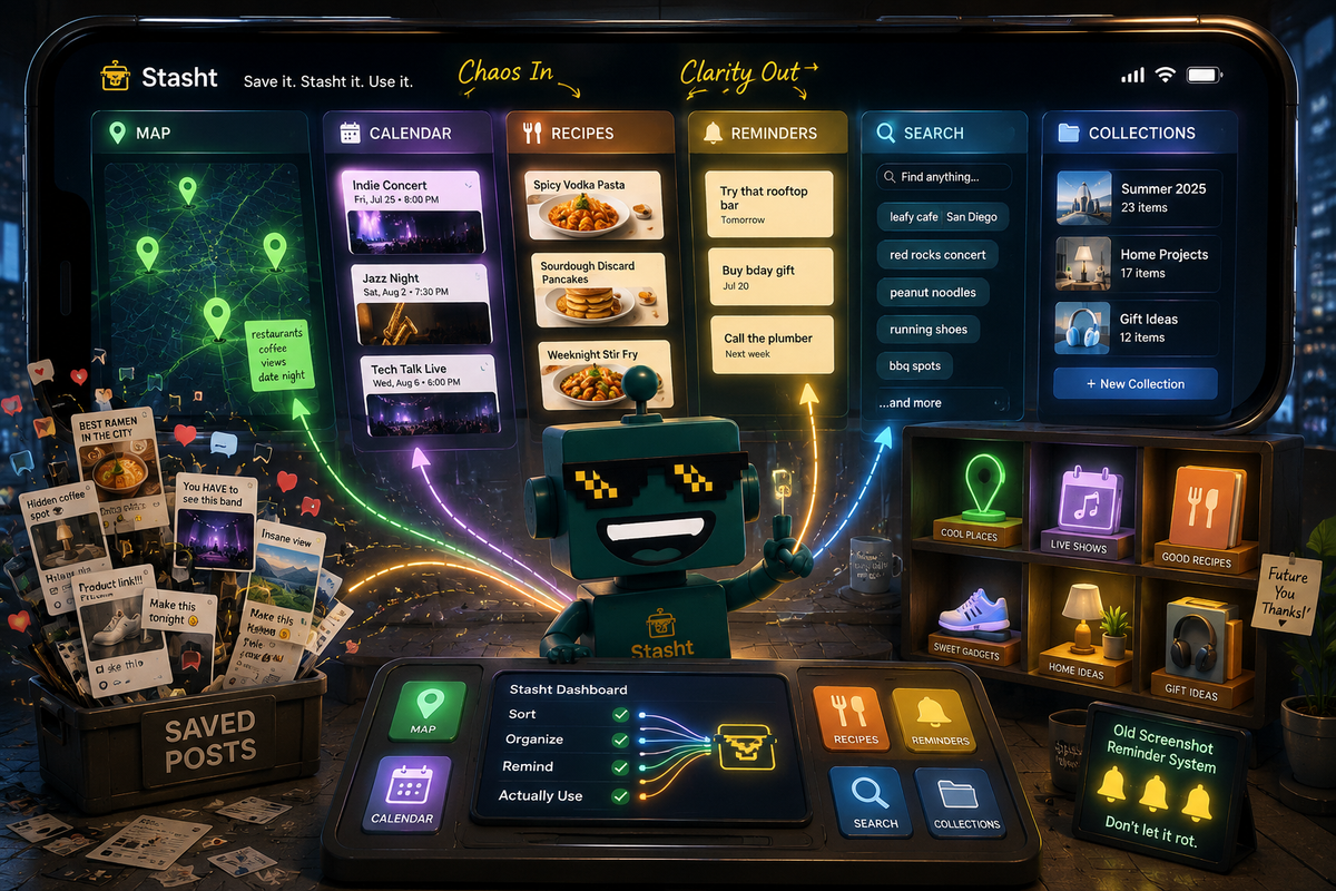 SiliconSnark's robot organizes saved posts into Stasht maps, calendar cards, reminders, and searchable collections.