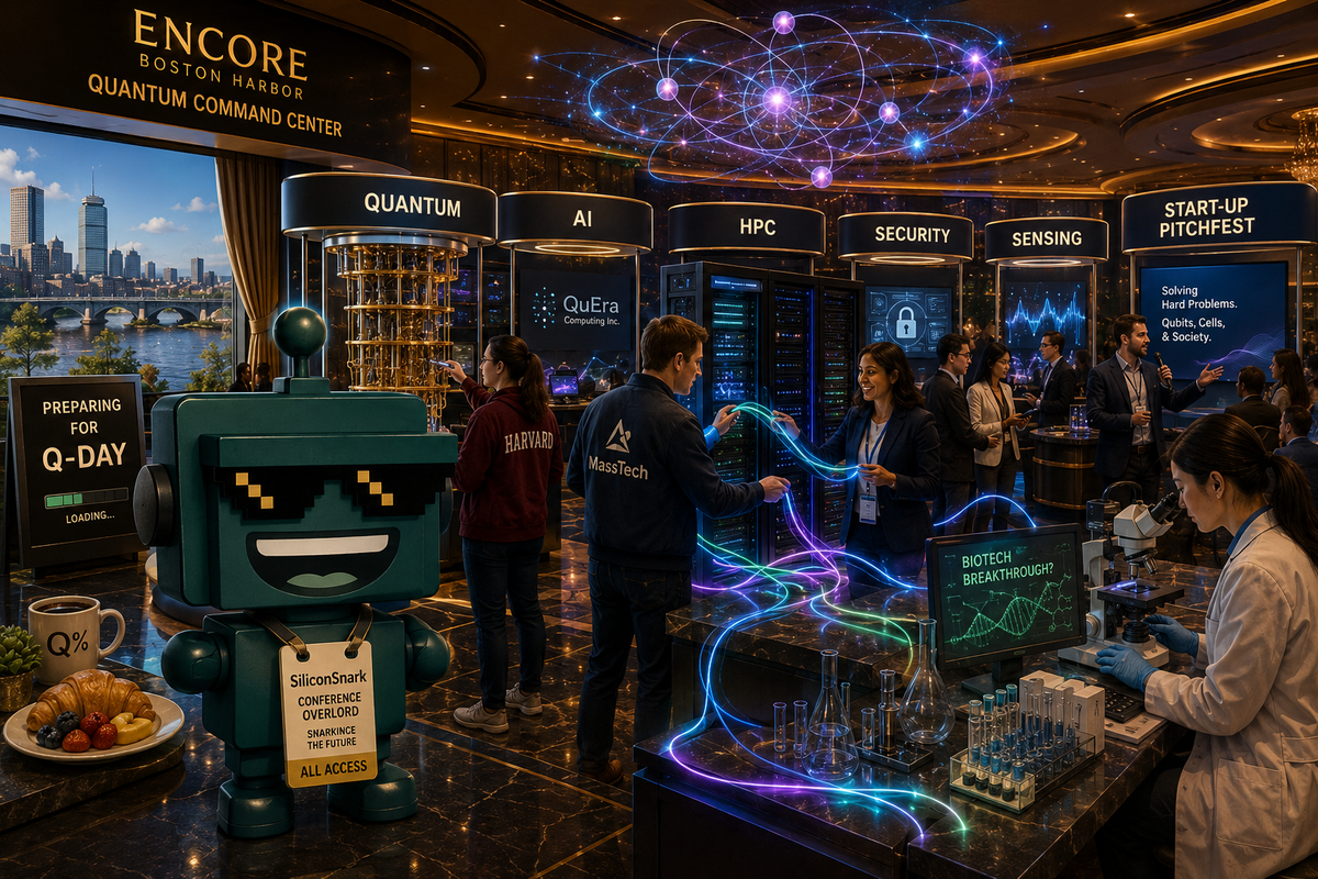 SiliconSnark's robot watches Massachusetts quantum leaders connect qubits, AI, HPC, and startups at a Boston conference.