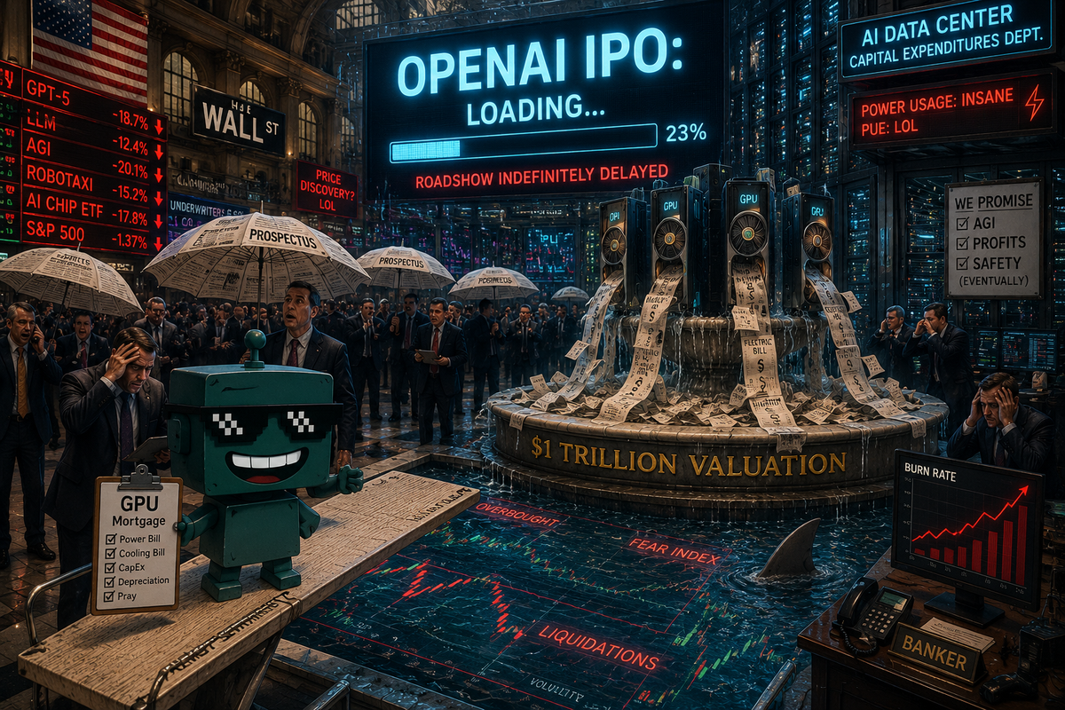 SiliconSnark robot watches an OpenAI IPO screen flicker on a trading floor merged with an AI data center.